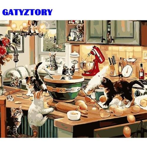 GATYZTORY 40x50cm Oil Paint By Number Kitchen Animal DIY Cat Kits Drawing On Canvas Handpainted Painting Art Gift Home Decor