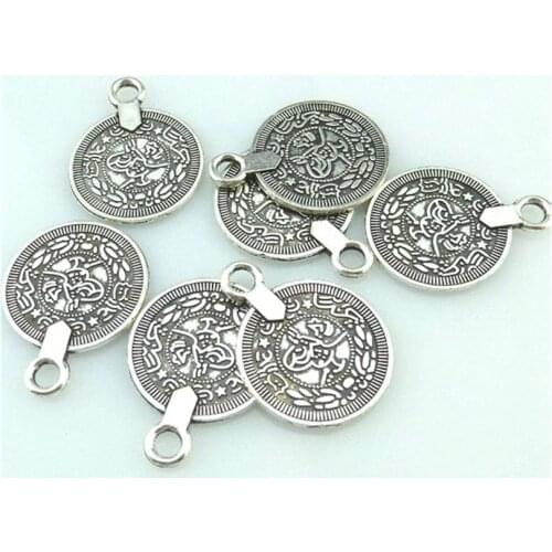 15pcs Antique Silver 23*18mm Round Print Flower Coin Charms Pendant For Jewelry Making Bracelet Vintage Accessories
