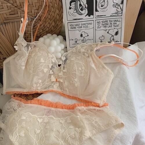 Lace ultra-thin bra set transparent sexy anti-bulge gathering adjustment underwear love embroidery crystal cup lingerie sets