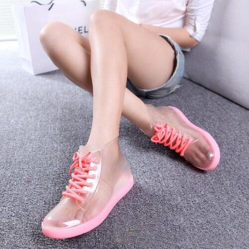 Miaoguan 2021 New Fashion Boots Womens Flat Rain Shoes Transparent Rain Boots PVC Waterproof Shoes Students Rain Boots Lace-up