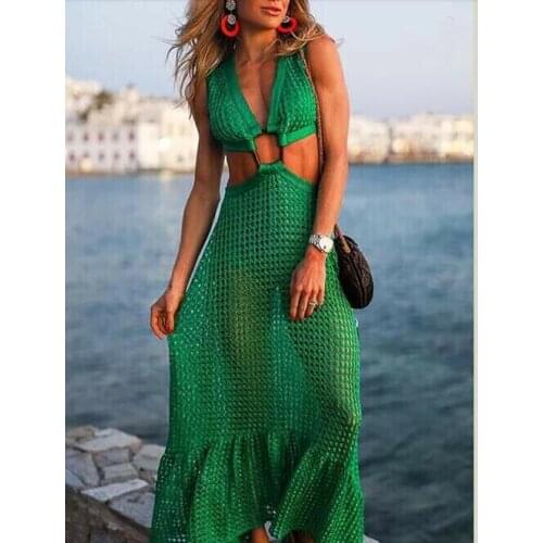 Fashion Womens Beach Bohemian Style Mesh Hollow Out Sleeveless Halter See-through Green Maxi Long Sundress Plus Size S-3XL
