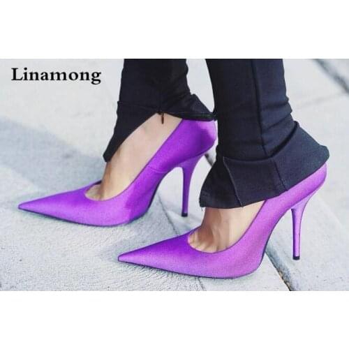 2018 Spring New Hot Women Purple Pink Black Satin Ultra-long Pointed Toe Slip On Pin-thin Heel Spandex Pumps Party Dress Shoes