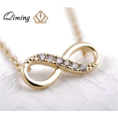 QIMING Crystal Infinity Necklace For Women CZ Stone Statement Jewelry Lucky Number Eight Geometric Pendant Necklace Girls Gift