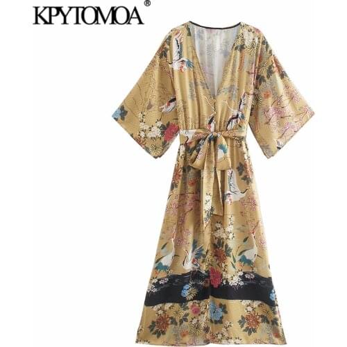 KPYTOMOA Women 2021 Fashion With Belt Crane Print Midi Kimono Dress Vintage Three Quarter Sleeve Split Hem Female Dresses Mujer