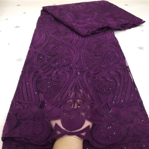 Latest African Net Lace Fabric purple High Quality Sequins Nigerian Milk silk Lace Fabrics 5Yards French Tulle Lace Material