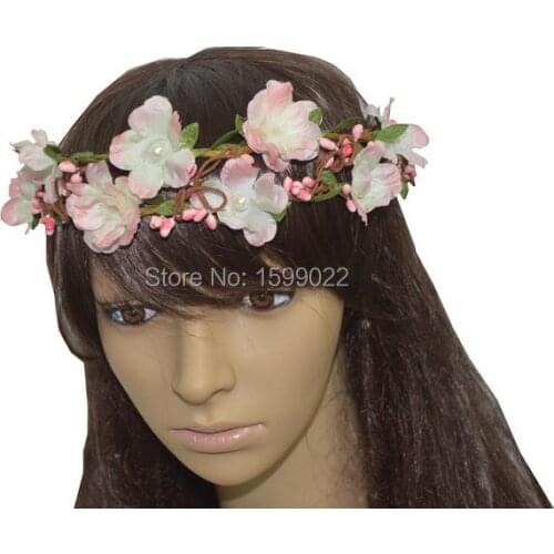 Pink Wedding Bride Flower Rattan Crown Music Festival Floral Hair Accessories Cherry Blossom Goddess Headband Bridal Headpiece