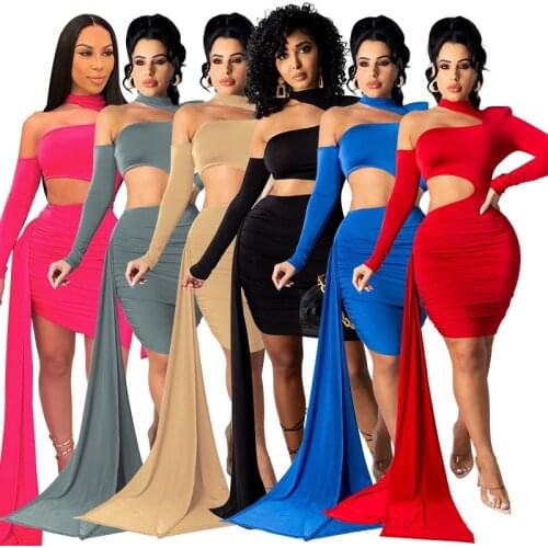 Long Sleeve Plus Size Birthday Celebrate Dresses Asymmetric Elegant Party Skinny Dress for Women Cut Hollow One Shoulder