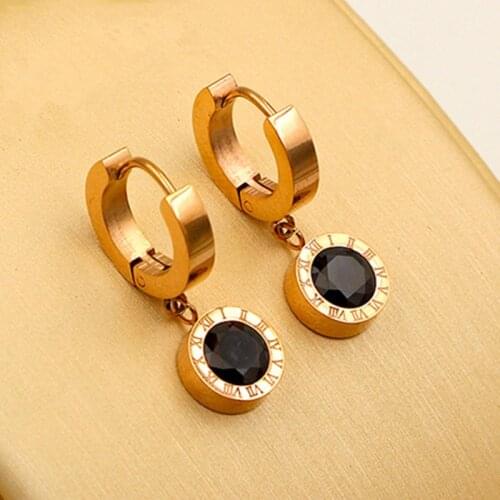 New Titanium Steel High Quality Beautiful Roman Numeral Gold Color Inlaid Drop Earrings For Women Best Earring Jewelry Gift KE09