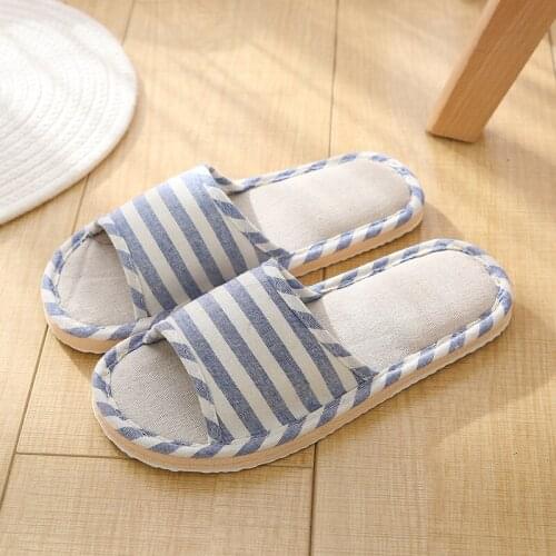 Summer Hot Sale New Linen Slippers Casual Striped Couples Home Ladies Sandals Soft Non-Slip Foam Bottom Indoor Mens Flip Flops