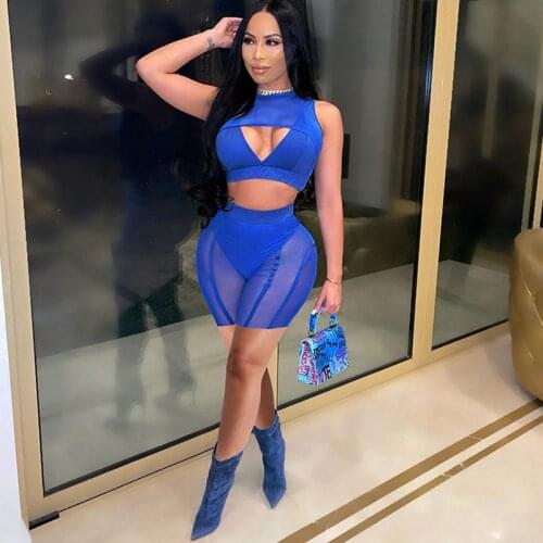 Sexy Mesh Sheer Two Piece Set Club Birthday Outfits for Women Matching Sets Patchwork Hollow Out Crop Top and Shorts Sets Female