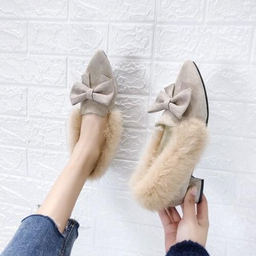 New Warm Plush Pumps Women Shoes Loafers Flock Pointed Toe Slip on Bow Knot Square Med Heels Winter Shoes Woman Ladies Shoes