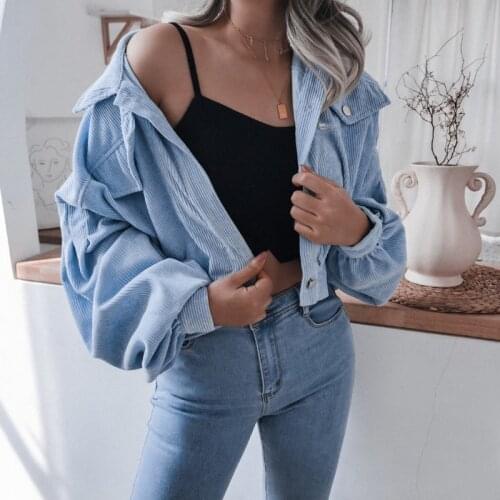 Women Corduroy Jacket Lantern Sleeve Casual Fashion Long Sleeve Jackets Autumn Pocket Button Loose 2021 Short Casual Jacket