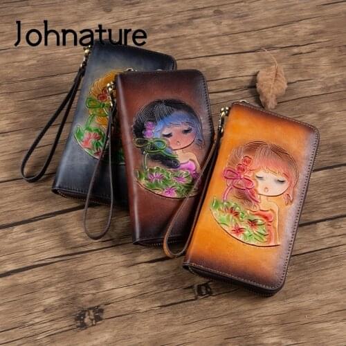 Johnature Rfid Anti Theft Women Wallets 2021 New Genuine Leather Hand Wallet Card Holder Vintage Embossed Cowhide Long Purse