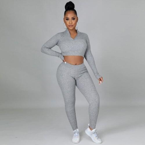 Women Fitness Two Piece Pant Suits Casual Clothing Zipper Up Long Sleeve Crop Top+stretch Bodycon Slim Sheath Legging Outfits