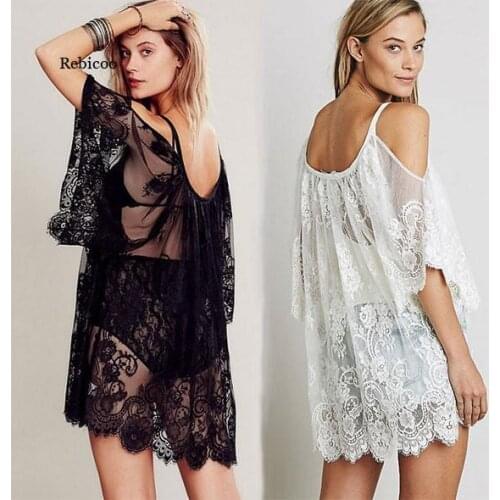 Women Bathing Suit Lace Crochet Bikini Swimwear Cover Up Casual Beach Dress Vestido Loose Hollow Shoulder Dresses