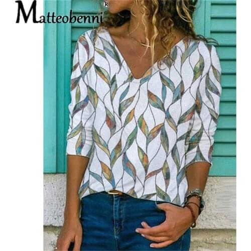 2021 Spring And Autumn Women V-Neck Loose Pullover Shirt Ladies Fashion Print Long-Sleeved T-Shirt Vintage Casual Streetwear