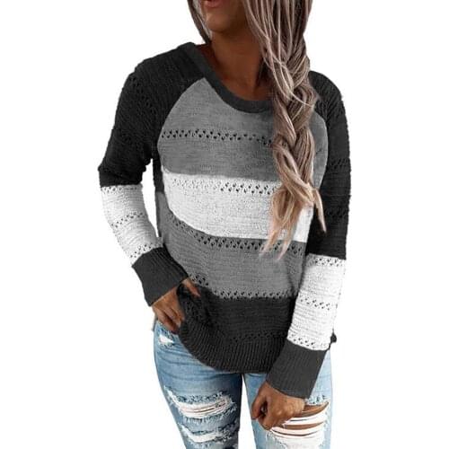 Women Autumn Winter Long Sleeve Color Block Knitted Sweater Hollow Out Jumper