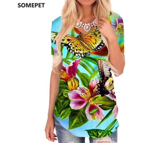 SOMEPET Butterfly T-shirt women Flower Tshirts Printed Animal V-neck Tshirt Colorful Shirt Print Womens Clothing Summer Printed