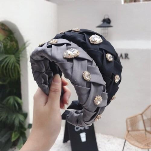 High-end Luxury Headband Hair Accessories Women Handmade Cross-knit Pleated Wide-necked Alloy Rhinestone Hairband Wild Hair Hoop