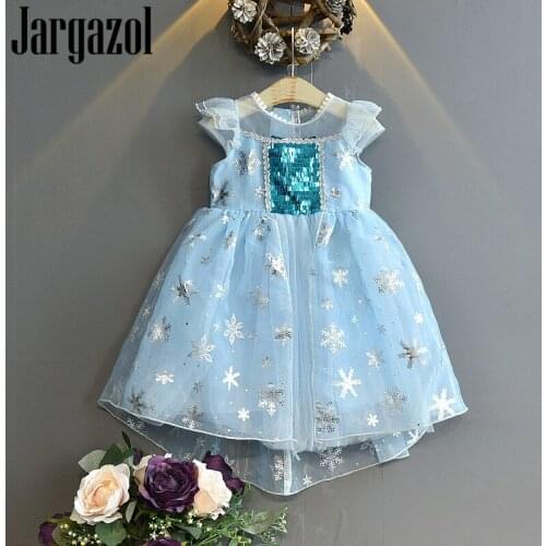 Jargazol Elsa Princess Dress Sequins Snow Short Sleeve Dresses Elegant Party Birthday Lace Toddler Girls Costume Kids Clothes