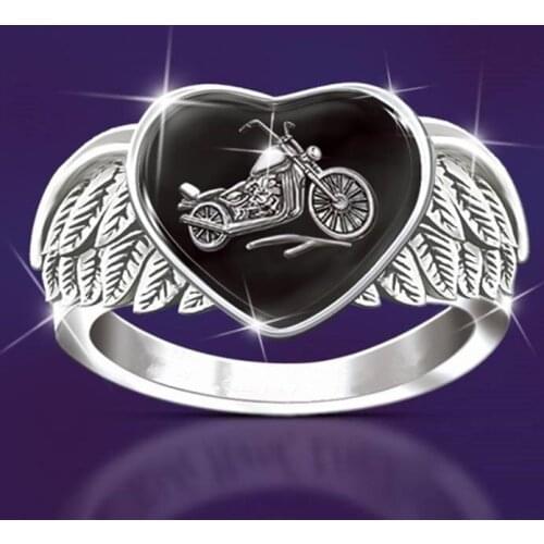 Hip Hop Motorcycle Wings Heart Shaped Ring Men Silver Color Punk Wedding Band Finger Rings for Women Modern Wedding Jewelry