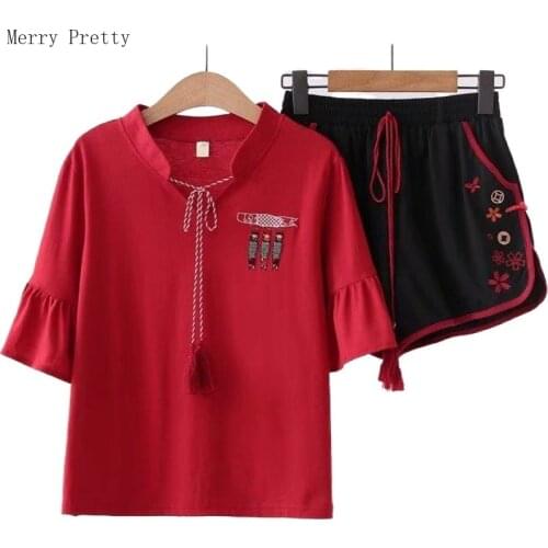 Women Two Piece Set Top And Shorts Flare Sleeve Embroidery T Shirts Hight Waist Hot Shorts Korea Style Mori Girl Outfits Sets