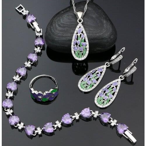 Colorful Enamel Flower Water Drop Jewelry Set 925 Silver Ring Bracelet Pendant Necklace Earrings Birthday Gift for Woman