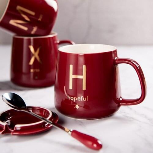 Creative Ceramic Alphabet Mug Spoon Cup With Lid Personality Trend Couple Men And Women Milk Coffee Tea Cup Household Water Cup