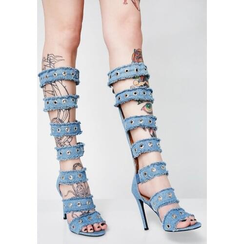 Summer New Fashion Blue Denim Knee High Gladiator Boots 2018 Hot Metal Decoration Ladies High Heel Boots Sexy Cut Out Boots