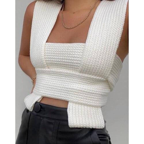 Summer Women Knitted Cropped Top Sexy Cross V Neck Backless Sleeveless Camisole Tank Top Woman Casual All-match Corset Knit Tops