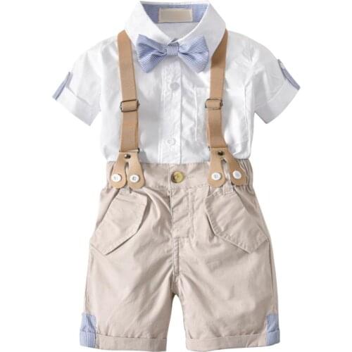 Summer 2021 Newborn Shirt Children Bow Tie Short-Sleeved Shirt + Overalls Gentleman Suit Toddler Boys Clothes For Birthday Party