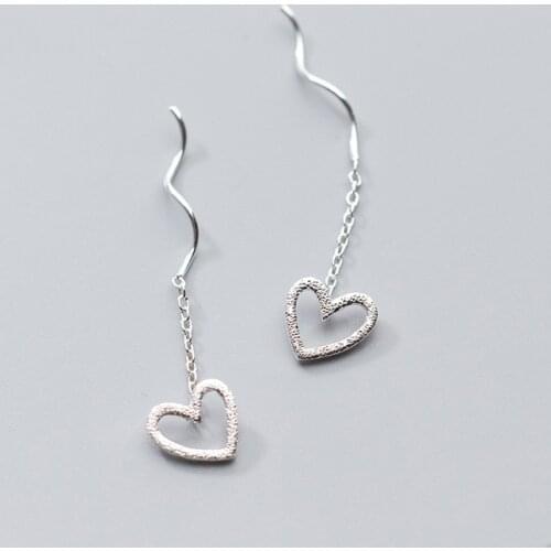 MloveAcc 100% 925 Silver Popular Simple Heart Shape Wave Line Long Dangle Earrings Fashion Jewelry Women Sale