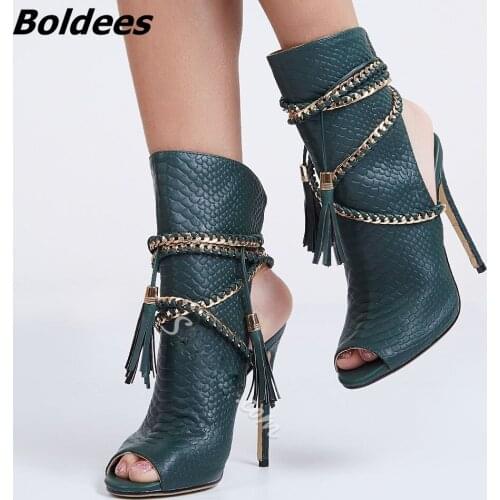 Trendy Designer Snakeskin Peep Toes Stiletto Heels Sandal Boots Woman Fringe Sandals Ropes Ankle-Wrap Tassel Dress Shoes