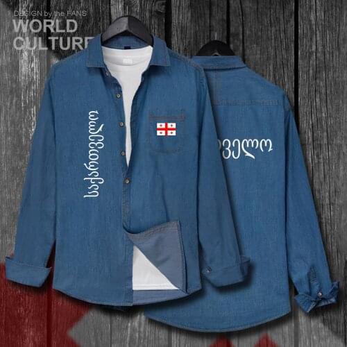 Georgia GEO Georgian Men Flags Clothes Spring Autumn Cotton Long Sleeve Cowboy Casual Coat Fashion Turn-down Collar Jeans Shirt