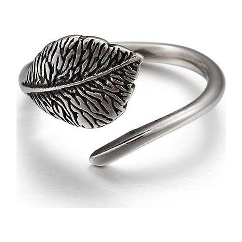 Titanium steel ring male and female forest retro leaf ring female opening feathers couple tail ring child