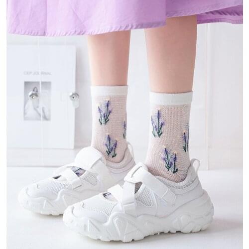 Dreamlikelin Summer Womens Thin Socks Mesh Breathable Purple Lavender Korean Style Girls Miiddle Tube Socks