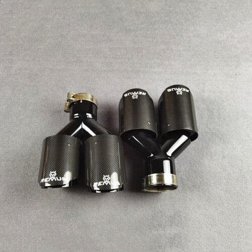 One Pair Glossy Black Carbon Fiber REMUS Exhaust Pipe Car Universal Stainless Steel Muffler Tip Y Model Dual Tailpipe Nozzles