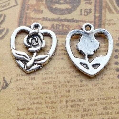 BULK 30pcs Zinc Alloy Metal Rose Charms Antique Silver Plated Flower in Heart Pendants DIY Craft Jewlery Supplier 18.3*16mm 1.1g