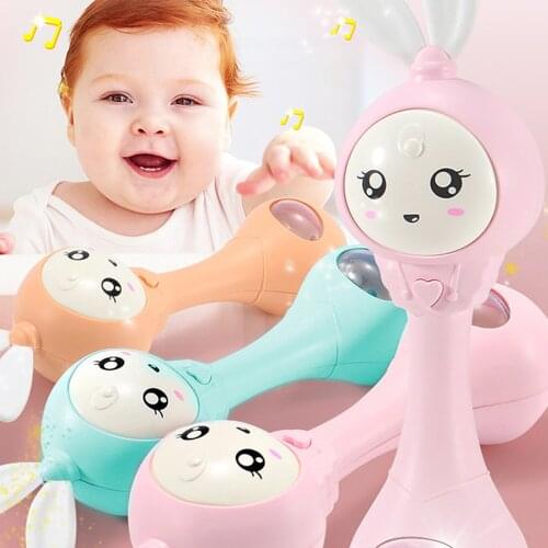 0-1Y Baby Cartoon Rabbit Handheld Teether Shaker Rattle Stick Light Musical Rattle Stick Teether Grasping Hand Ring Bell Toy