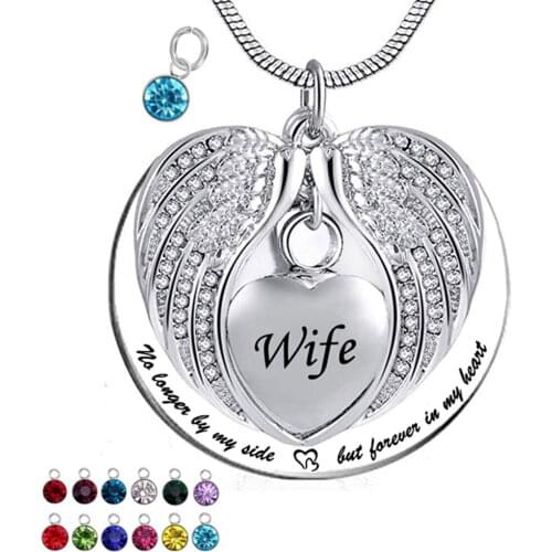 Unisex Angel Wing Memorial Keepsake Ashes Urn Pendant Birthstone Necklace,No Longer by My Side But Forever in My Heart