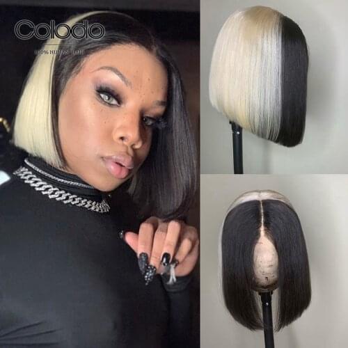 Black Short Bob Red Color Hair Wigs Glueless Brazilian Remy Green Lace Front Human Wig Preplucked Blonde Highlight Bob Wig