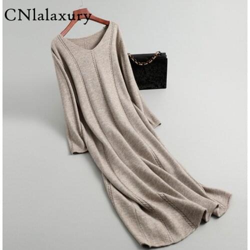 Winter Dresses For Women Vintage Elegant Women Wool Knitted Long Sweater Dress V-neck Long Sleeve Loose Party Dress vestidos
