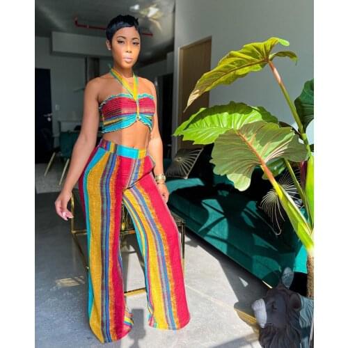 RMSFE 2021 Ladies Sleeveless Sexy Fashion Sling Wrapped Around The Chest, Four Side Elastic Stripe Printing Two-Piece Set