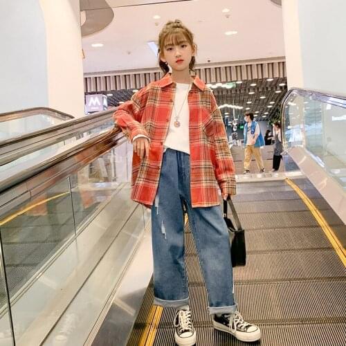 2021 Spring Autumn Kids Long Sleeve Plaid Shirt Cotton Shirts Teen Orange Blouse Girls Fashion Tops Kids Clothes Girls 8 To 12 Y