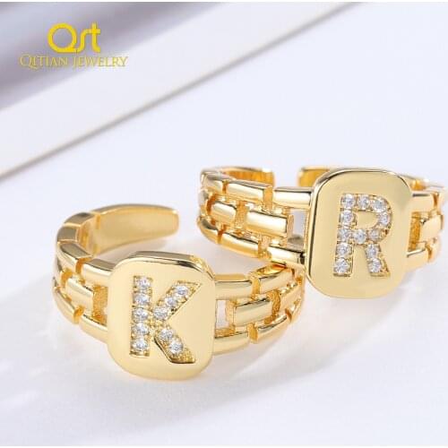 Hip Hop Adjustable Gold Color CZ A-Z Letter Ring Statement Watchband Square Gold Name Rings For Women Girl Gift Fashion Jewelry