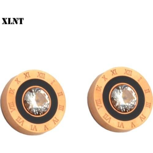 XLNT Brand Luxury design Roman Letter Rose Gold Stud Earrings For Women Man Fashion Stainless Steel Zircon Earring Jewelry