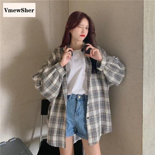 VmewSher New Fashion Women Plaid Shirt Chic Check Blouse Long Sleeve Female Casual Print Button Shirts Loose Tops Blusas Spring