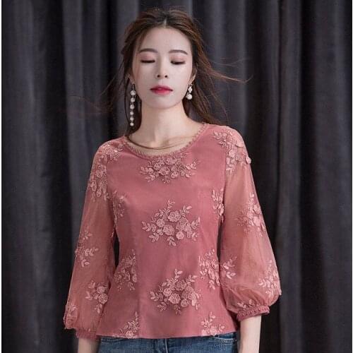 Summer Fall Vintage Women Embroidery 3/4 Lantern Sleeve Blouse Top , Womens Female 2xl Embroideried Tops and Blouses Shirts