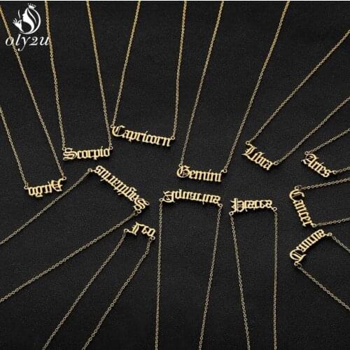 Oly2u Stainless Steel 12 Zodiac Sign Letter Necklace Women Constellation Star Pendants Necklaces Choker Fashion Jewelry Birthday