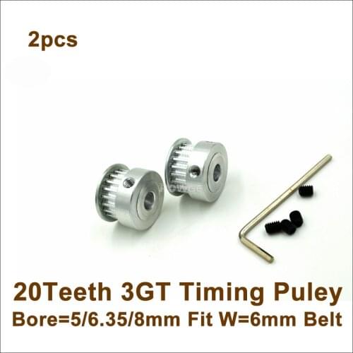 2pcs 20 Teeth 3GT Timing Pulley Bore 5/6.35/8mm Fit W=6mm 3GT Timing Belt 20T 20Teeth GT3 Timing Belt Pulley 3D Printer Parts